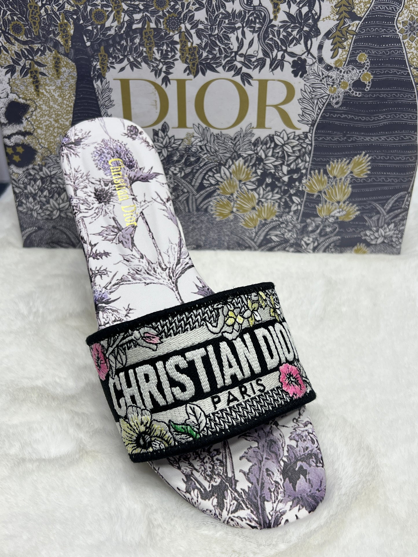 Premium Designer Style Ladies Slides – Floral Printed Strap Slippers (Inspired by Paris Fashion)