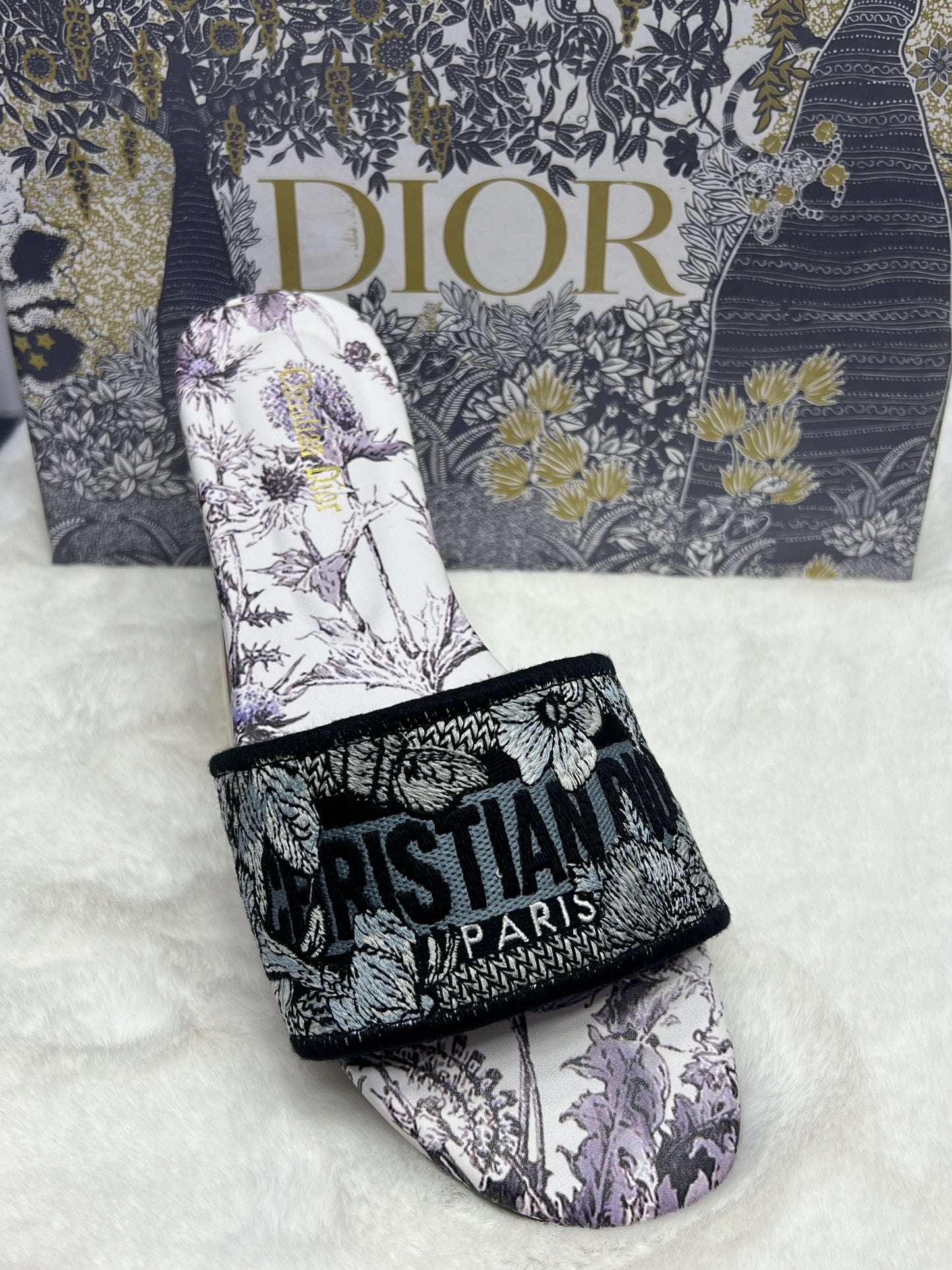 Premium Designer Style Ladies Slides – Floral Printed Strap Slippers (Inspired by Paris Fashion)