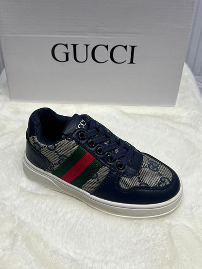 Kids Black Designer Sneakers with Green & Red Stripe (Designer Inspired)