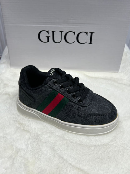 Kids Black Designer Sneakers with Green & Red Stripe (Designer Inspired)