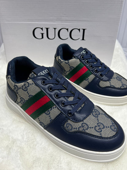 Kids Black Designer Sneakers with Green & Red Stripe (Designer Inspired)