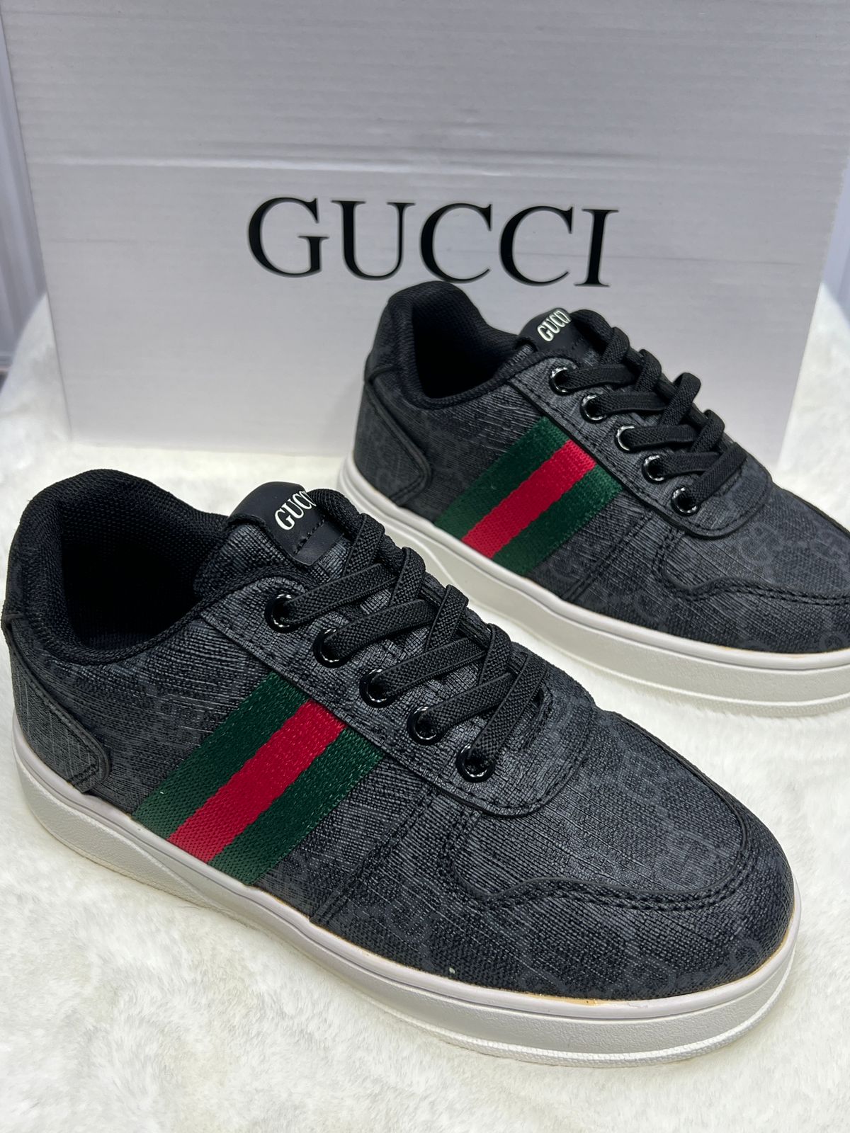 Kids Black Designer Sneakers with Green & Red Stripe (Designer Inspired)