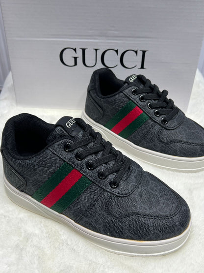 Kids Black Designer Sneakers with Green & Red Stripe (Designer Inspired)